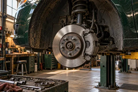 Generated close-up of a brake disc and caliper with the car wheel removed.