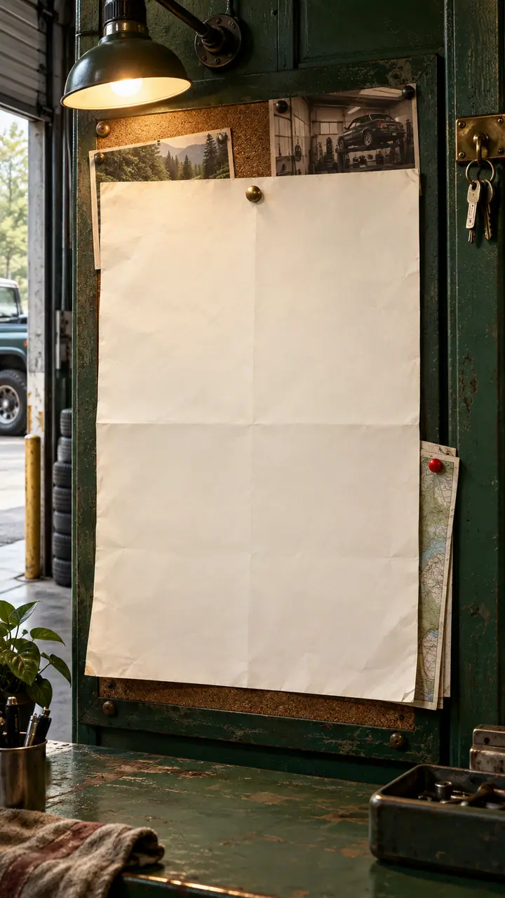 Generated portrait scene of the fictional garage, with a blank physical document
