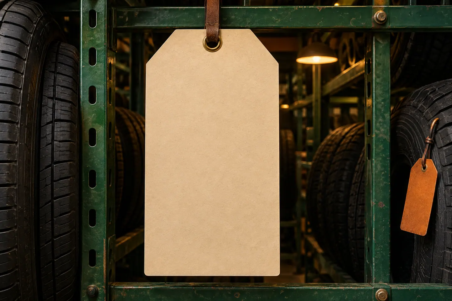 Generated green tire storage rack with a blank inventory tag, a fictional garage scene